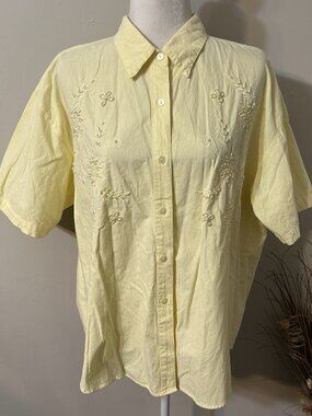Premier International Women Blue Button-Up Shirt Embroidered Floral Beaded Sz 1X